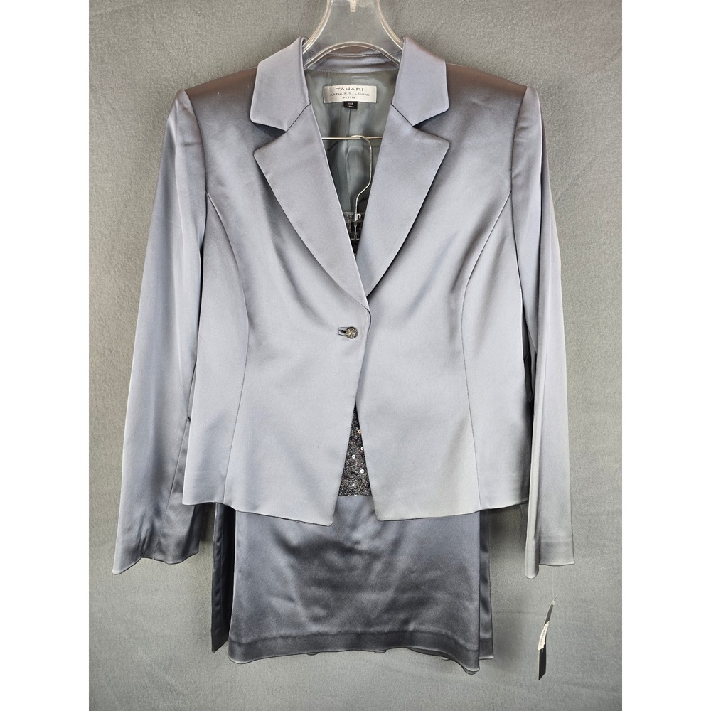 Tahari Skirt Suit Set Women 14P Grey Hudson Satin 3PC Sequin Formal Business